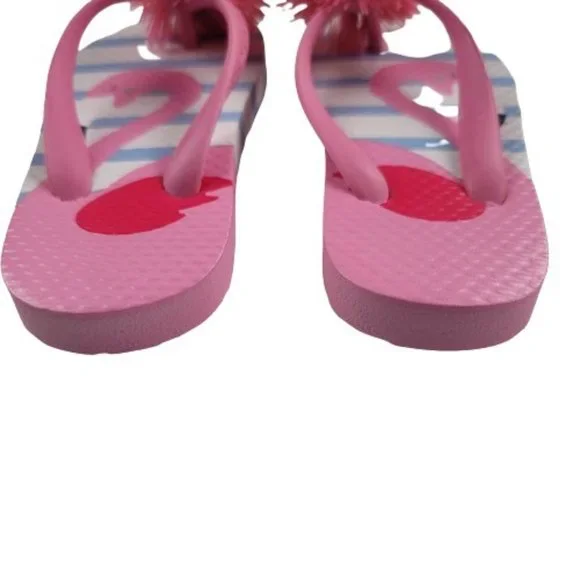 Joules Pom Pom Pink Flamingo Striped Flip Flops - Picture 3 of 7